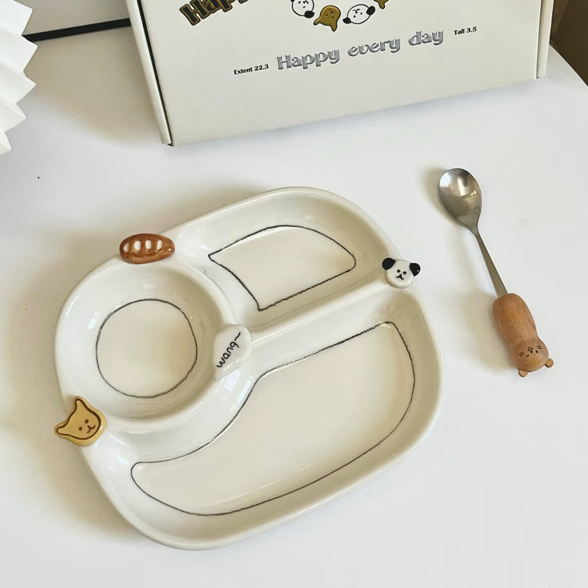 Hand-Painted Button Puppy Ceramic Divided Breakfast Plate, 8-Inch