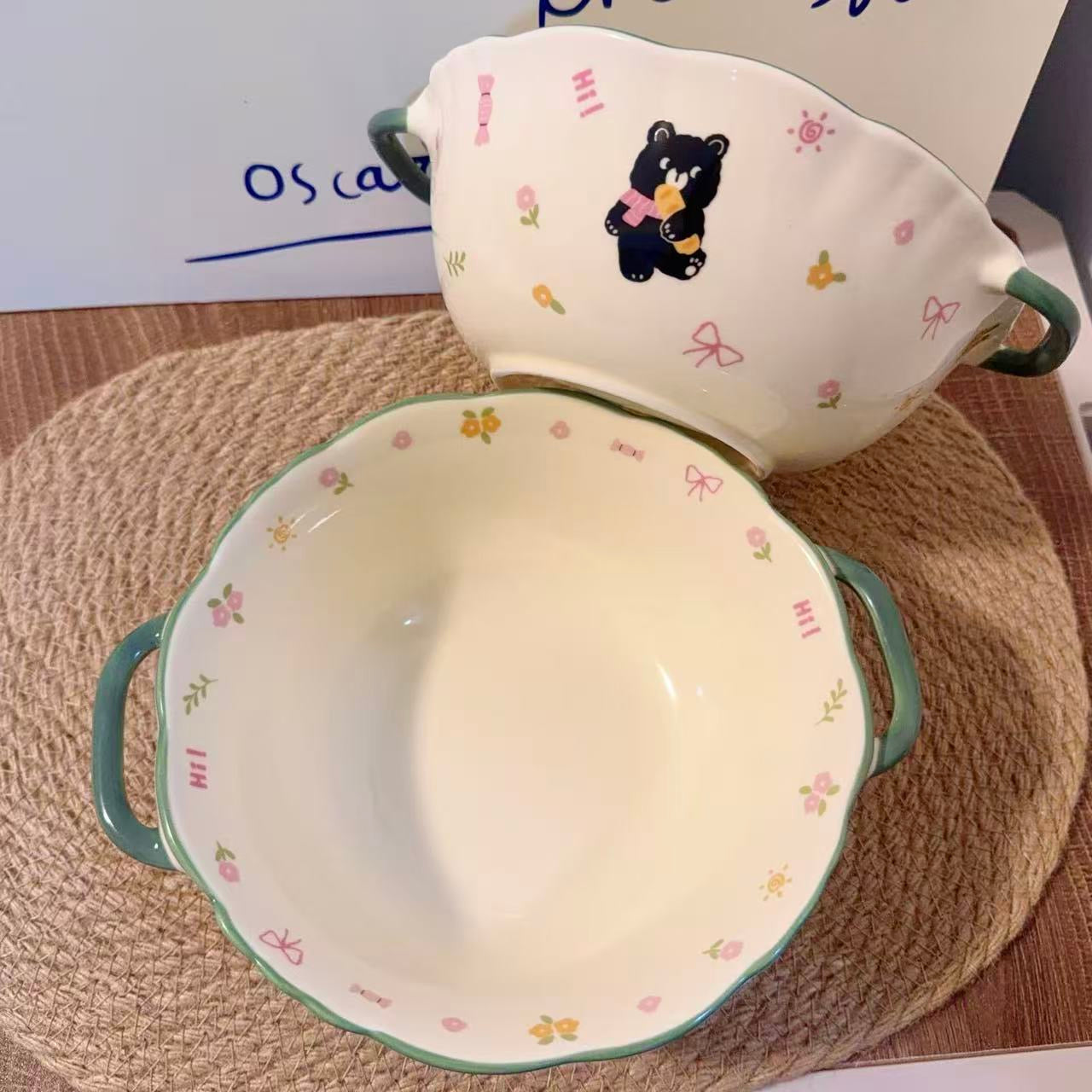 Floral Black Bear Ceramic Soup Bowl with Handles - 900ML