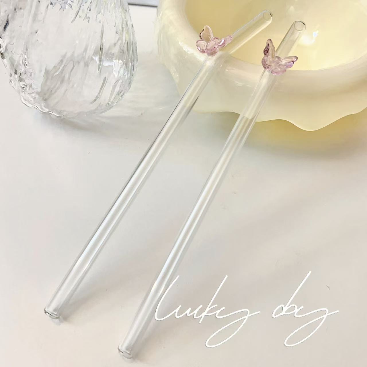 Reusable Pink Butterfly Glass Straw