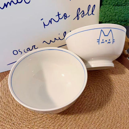 Hand-Painted Cat Ceramic Footed Noodle Bowl - 800ML