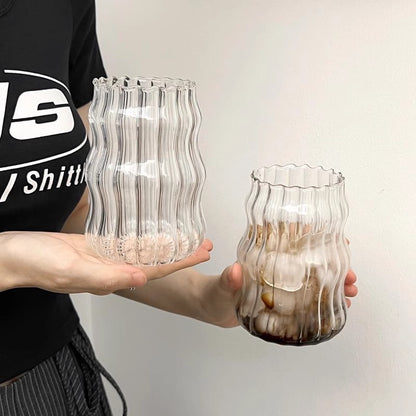 Cloud Striped Glass Straw Cup, 550ML Capacity