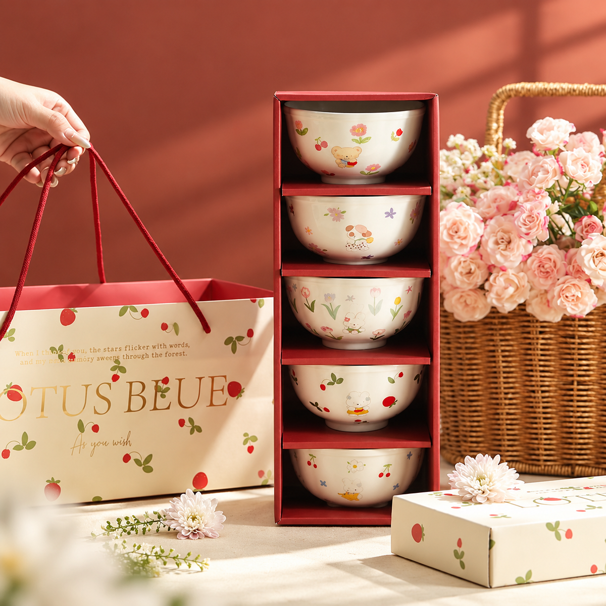 Bunny & Floral Ceramic Bowl Gift Set – 350ML, Set of 5