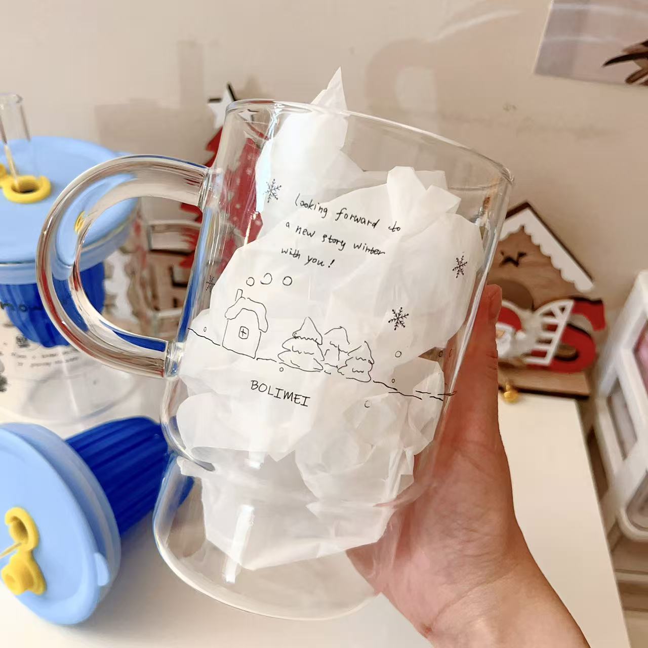 Blue Snowman Glass Cup with Straw & Tea Infuser - 1000ML