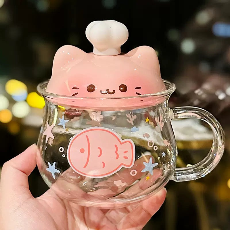 Chef Cat Kawaii Glass Mug with Ceramic Lid – 400ML