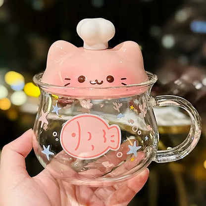 Chef Cat Kawaii Glass Mug with Ceramic Lid – 400ML