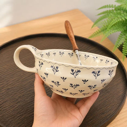 Cottage-Style Blue Floral Ceramic Bowl with Handle - 600ML