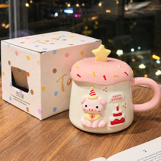 Happy Birthday Piggy Ceramic Mug with Lid – 400ML