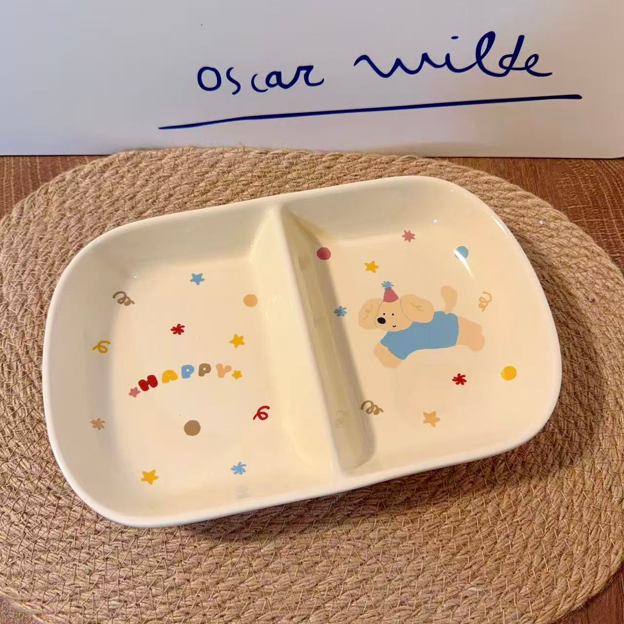 Cute Cat & Dog Ceramic Divided Breakfast Plate, 9.4-Inch