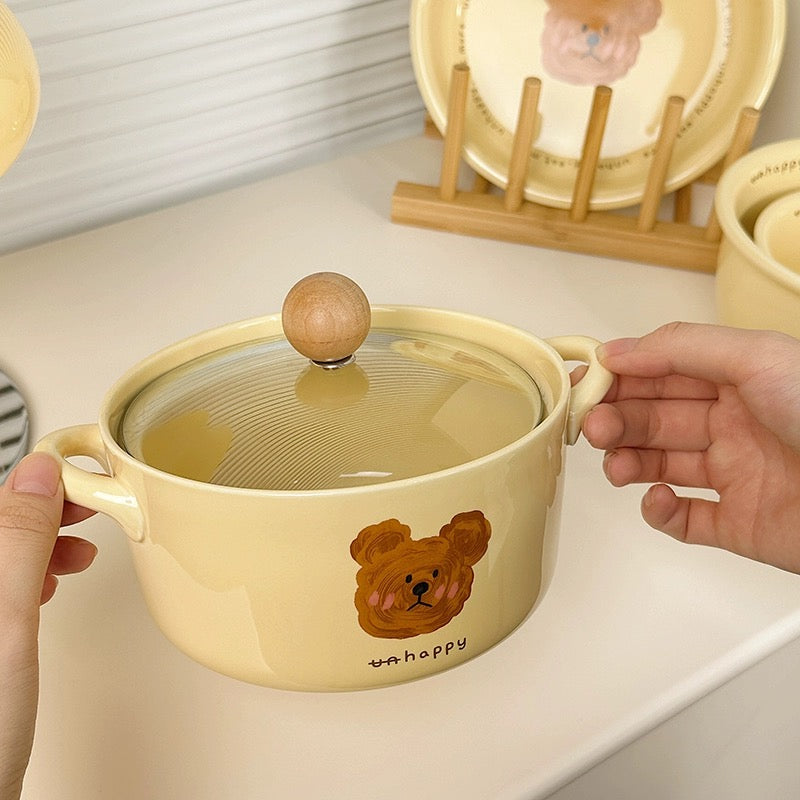 Emo Bear Ceramic Ramen Bowl - with Glass Lid and Ceramic Spoon, 730ml Capacity