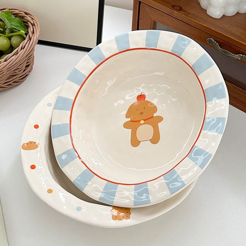 Handcrafted Ceramic Reversed Soup Plate – 8.25-Inch Puppy Design