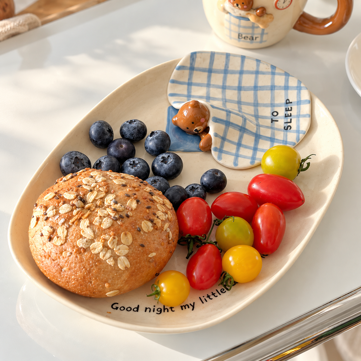 Goodnight Bear Hand-Painted Ceramic Oval Plate, 9.6-Inch