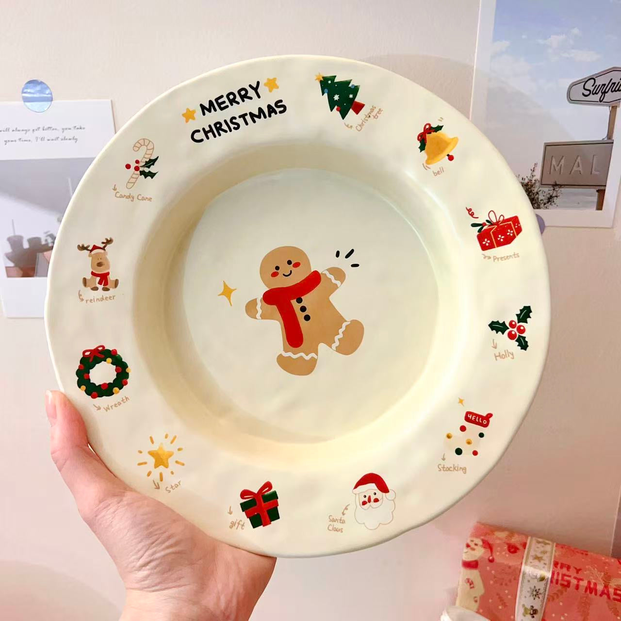 Christmas gingerbread man round plate with MERRY CHRISTMAS text and festive icons, 9 inches