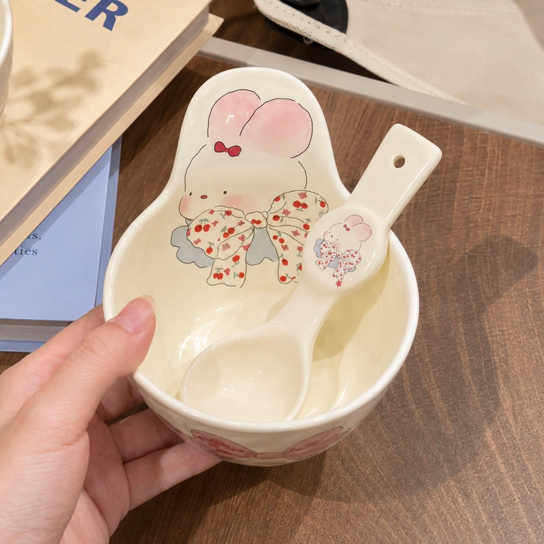 Bow Bunny Handle Ceramic Yogurt Bowl with Spoon – 350ML