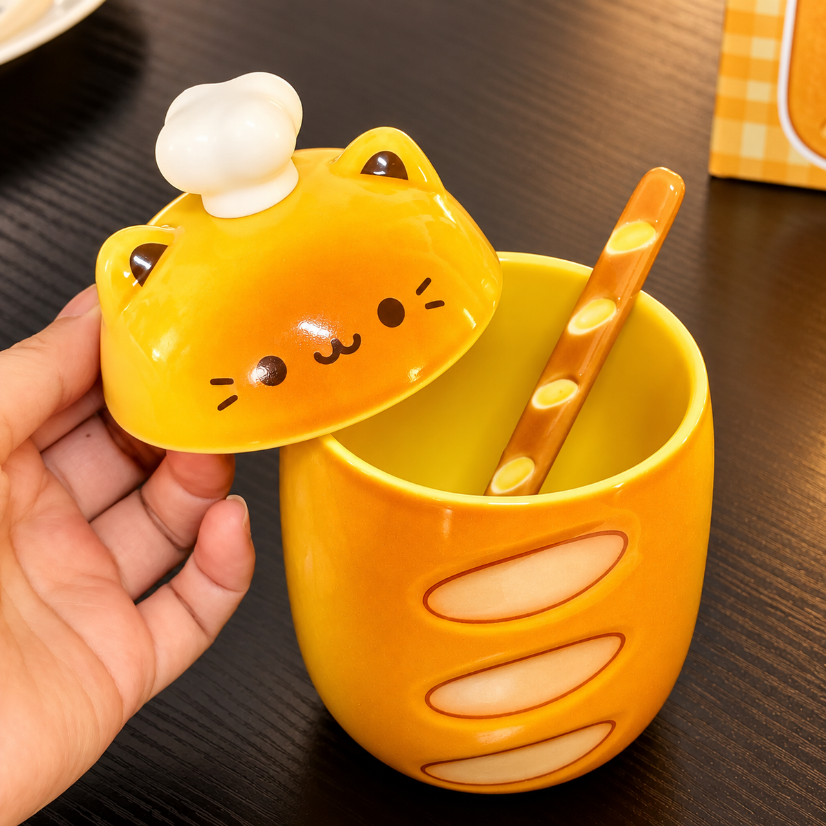 Baguette Cat Ceramic Mug with Lid & Spoon – 350ML