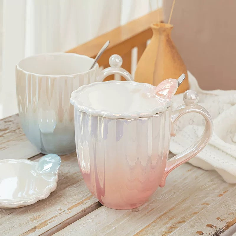 Seashell Pearl Glaze Ceramic Mug with Lid & Spoon - 400ML