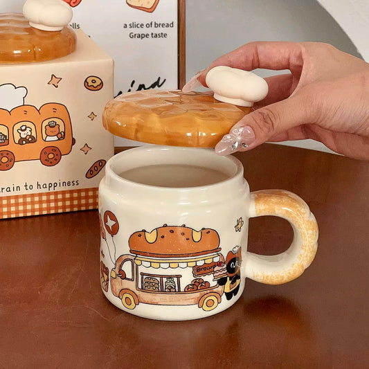Bread truck cat ceramic mug with bread-shaped lid and gradient handle, 420ML capacity