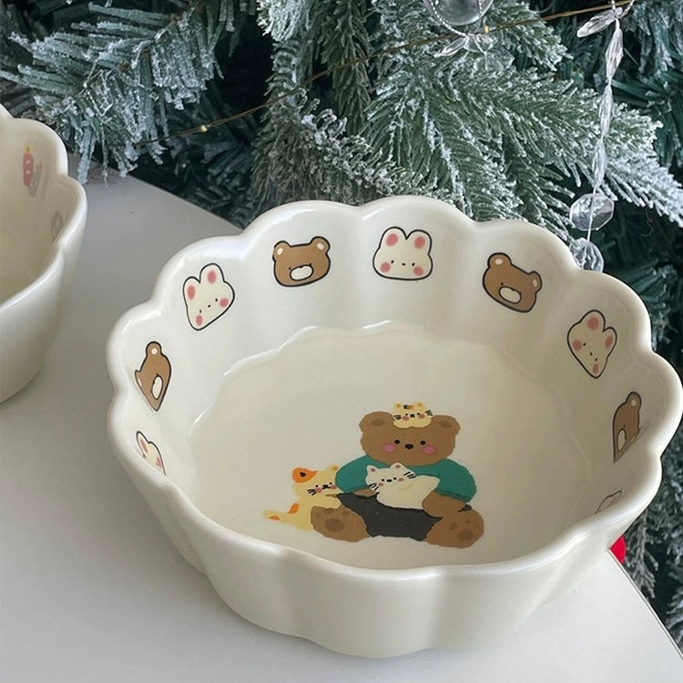 Adorable Bear Pattern Ceramic Salad Bowl | Lace-Like Design, Underglaze Technique