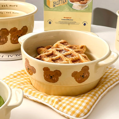 Adorable Double-Handle Baking Bowl with Emo Bear Design – Oven, Microwave, and Air Fryer Safe