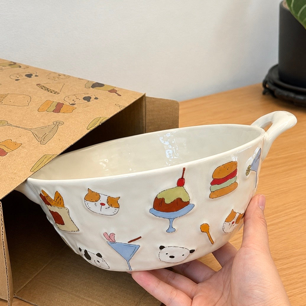 Embossed Doodle Cat Double-Handle Ceramic Soup Bowl – 1400ML