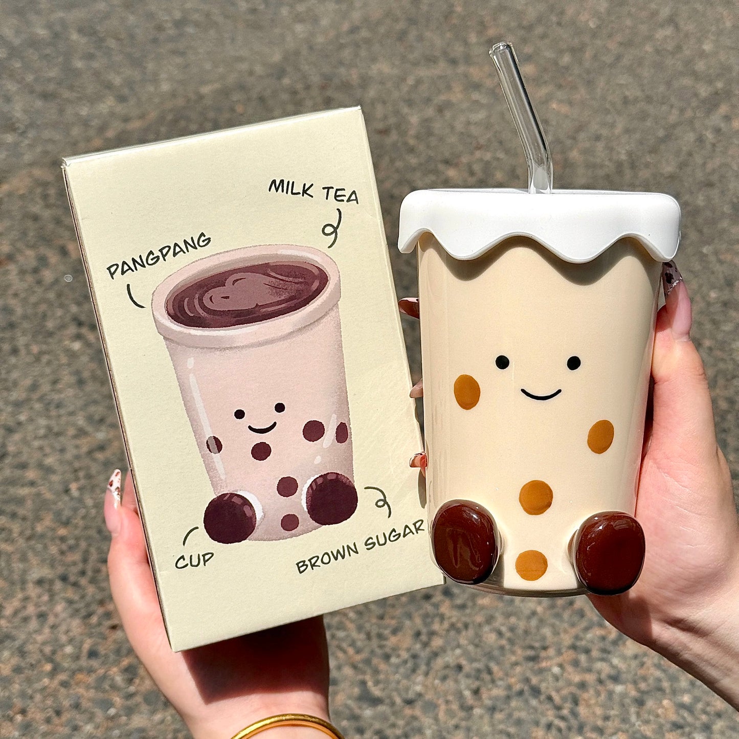 Cute Footed Ceramic Straw Mug with Lid - 450ML