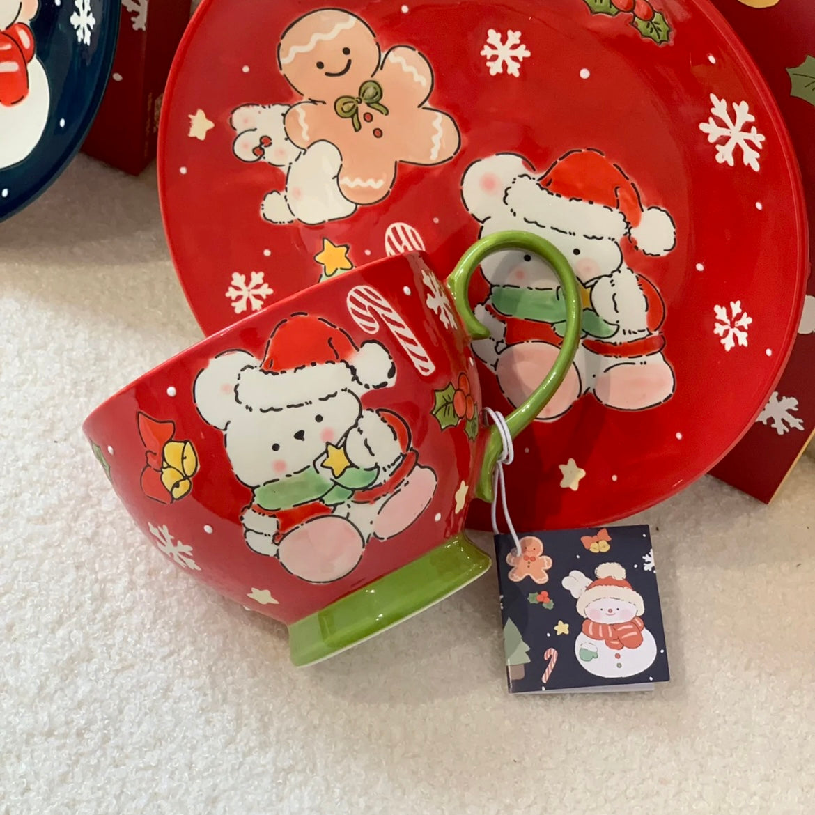 Hand-painted Christmas ceramic mug with Santa bear in red and snowman in navy blue, 500ML