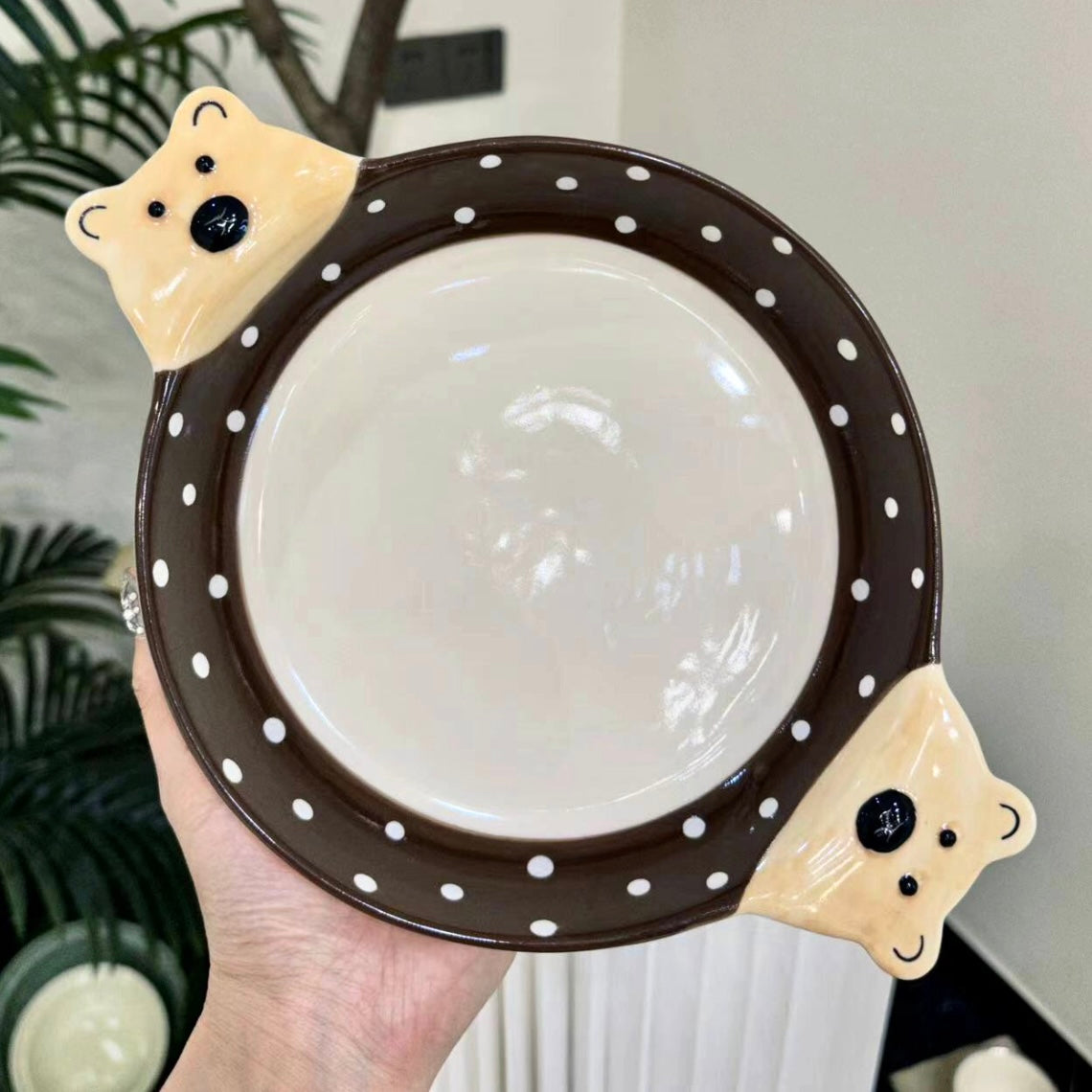 Adorable Bear Double-Handle Ceramic Plates and Soup Bowl | Hand-Painted Design