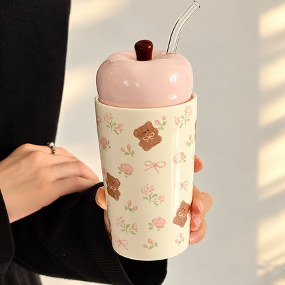 Floral Bear Ceramic Straw Cup with Lid – 450ML