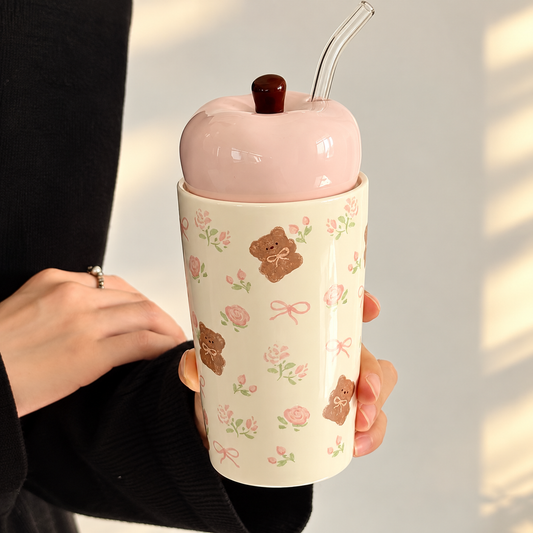 Floral Bear Ceramic Straw Cup with Lid – 450ML
