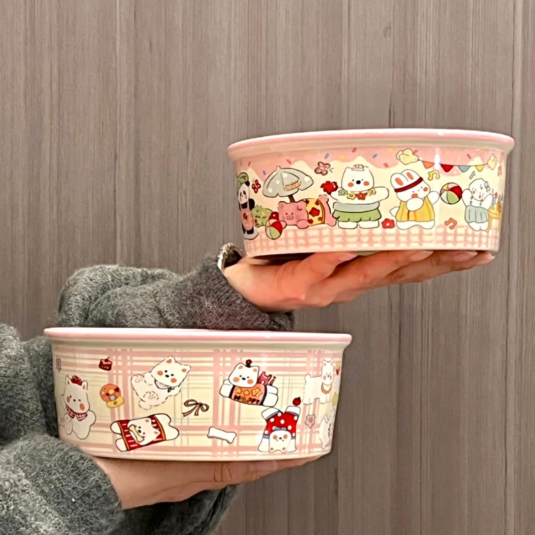Pink ceramic salad bowls stacked showing Westie café, panda picnic, and piggy bakery designs, 600ML