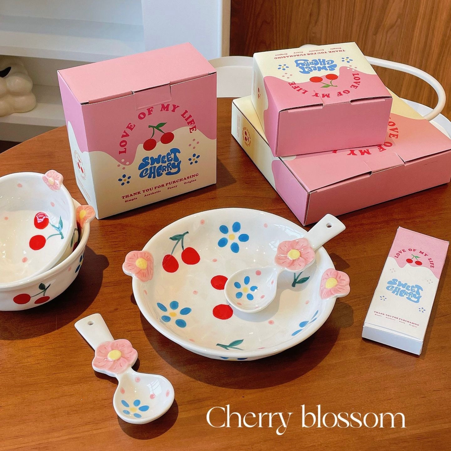 Cherry Blossom Hand-Painted Dinnerware Set | Cute Floral Design with Handles | Microwave & Dishwasher Safe