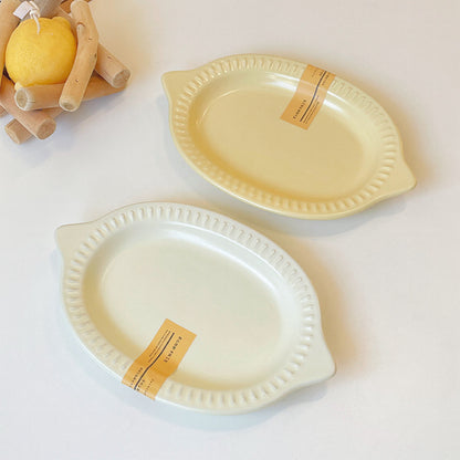 Matte Ceramic Breakfast Plates with Double Handles – Creamy White & Yellow