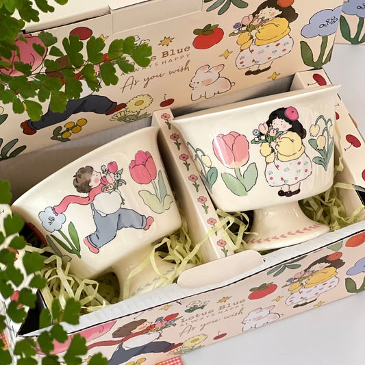 Cute Couple Ceramic Dessert Cups – Gift Box Included