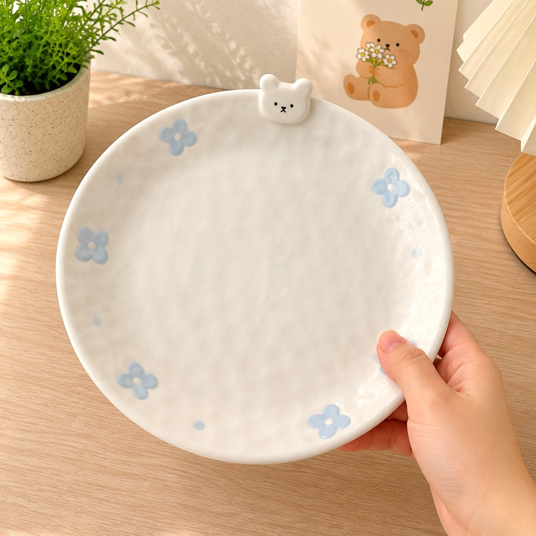 Hand-Painted Flower Bunny Ceramic Dessert Plate, 8-inch