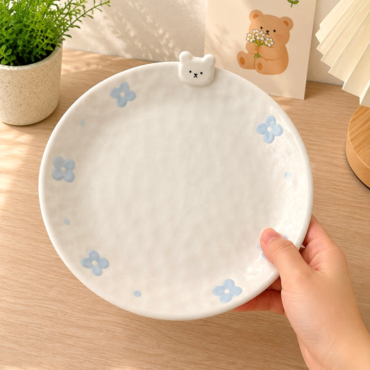 Hand-Painted Flower Bunny Ceramic Dessert Plate, 8-inch