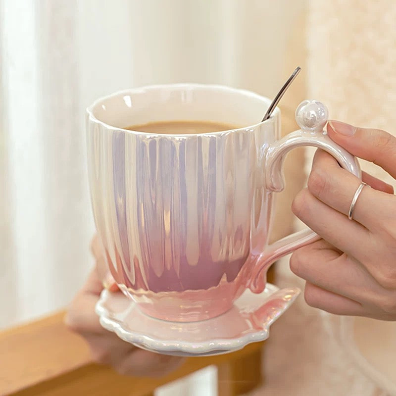 Seashell Pearl Glaze Ceramic Mug with Lid & Spoon - 400ML