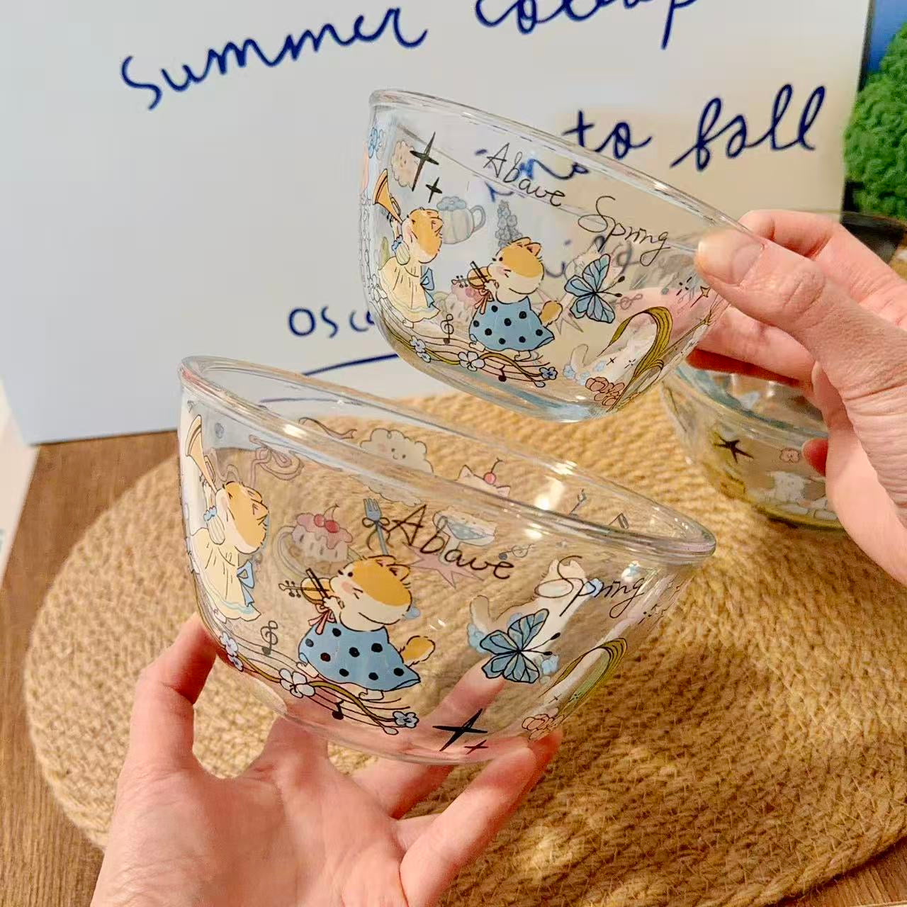 Cute Spring Doodle Glass Bowl - Microwave Safe, 350ML / 900ML