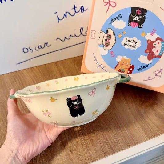 Floral Black Bear Ceramic Soup Bowl with Handles - 900ML