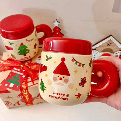 Christmas ceramic mugs with red lids showing Santa and Christmas tree designs, 500ML with gift box