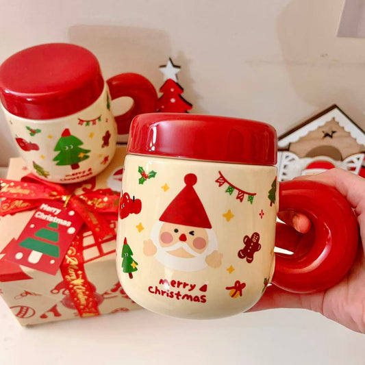 Christmas ceramic mugs with red lids showing Santa and Christmas tree designs, 500ML with gift box