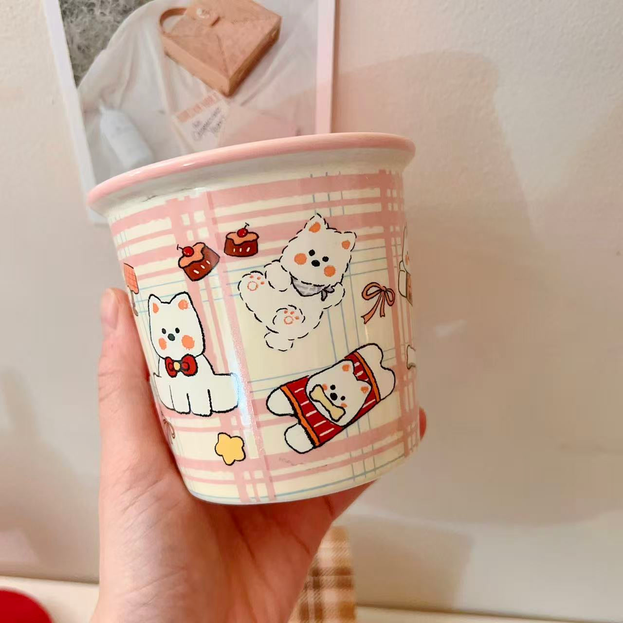 Cute Westie dog ceramic mug with pink plaid background and multiple dog illustrations, 330ML