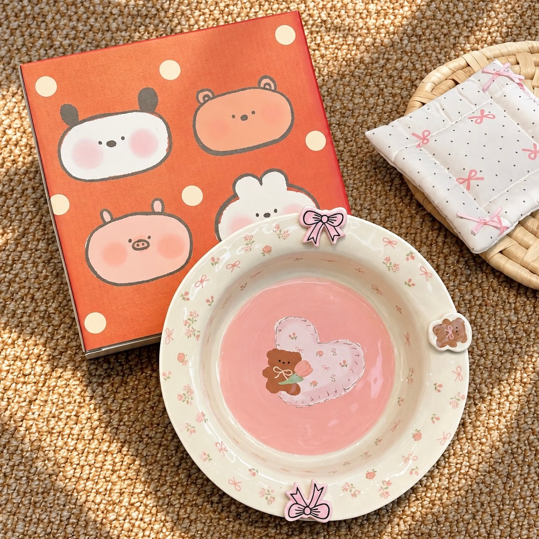 Floral Heart Bear Ceramic Deep Plate – 8-Inch