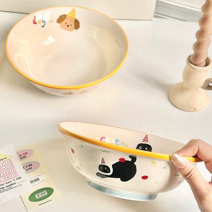 Cat & Dog Party Ceramic Ramen Bowl – 1000ML