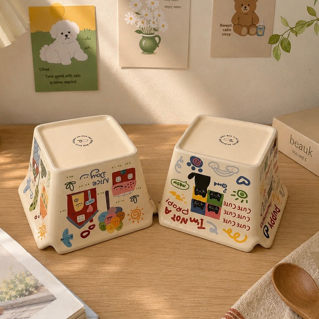 Kawaii Doodle Square Ceramic Snack Bowl – 800ML