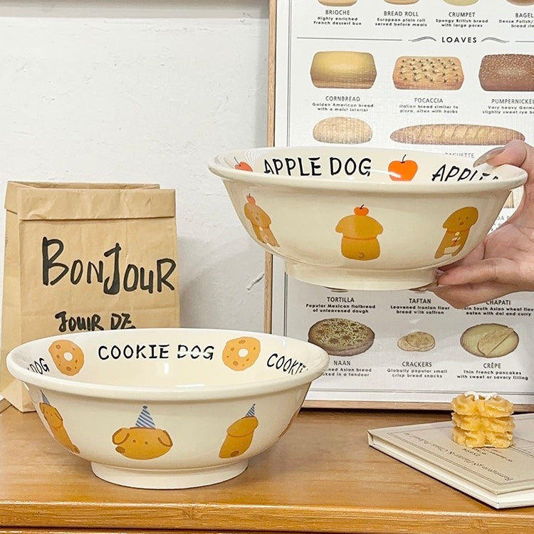 Cute Apple Dog & Cookie Dog Ramen Bowl – 1000ml Large Ceramic Bowl