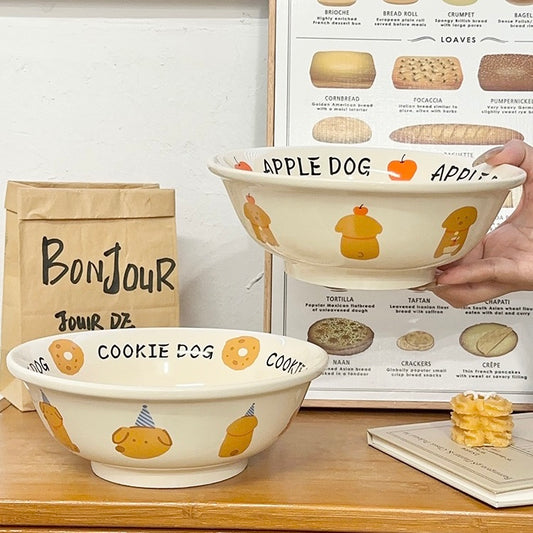 Cute Apple Dog & Cookie Dog Ramen Bowl – 1000ml Large Ceramic Bowl