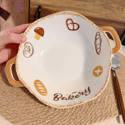 Bakery Theme Ceramic Double-Handle Bowl - 600ML