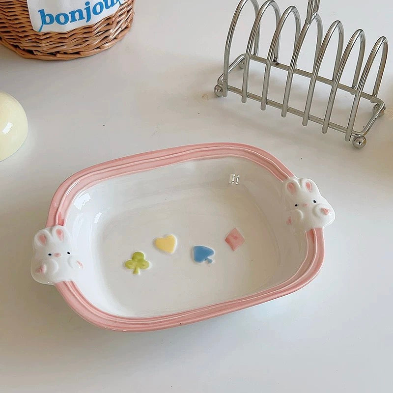 Hand-Painted Bunny Double-Handled Plates - Pastel Colors, Cute Rabbit Design