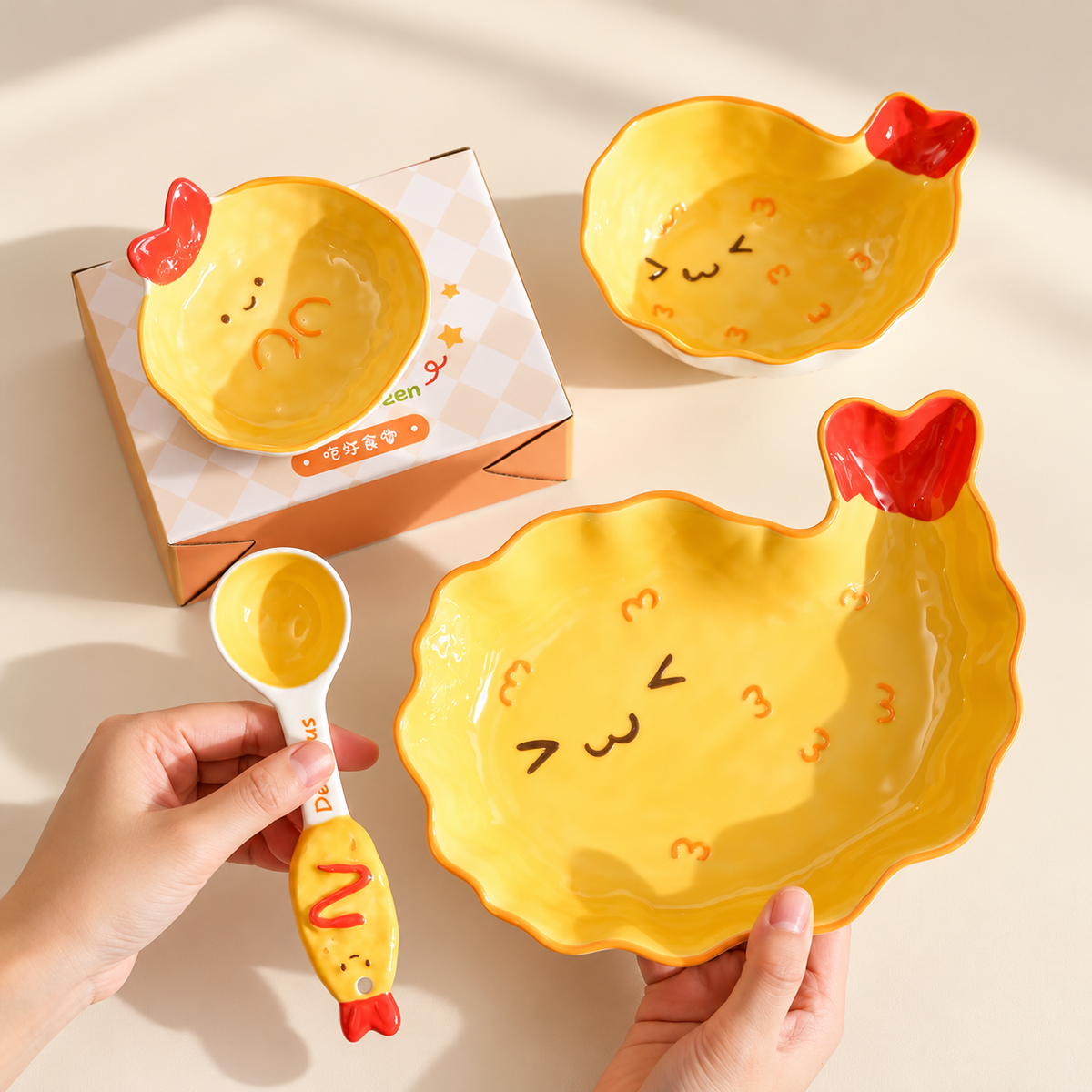 Hand-Painted Fried Shrimp Ceramic Tableware Gift Set – Set of 5