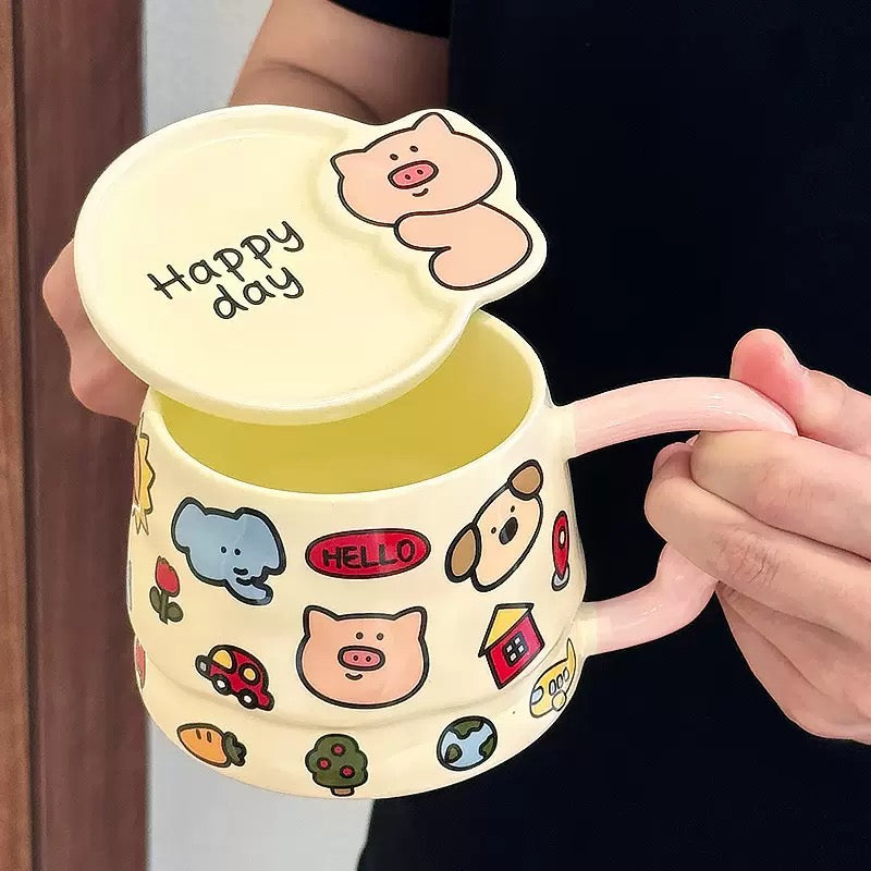 Doodle Animal Ceramic Mug with Lid – 400ML