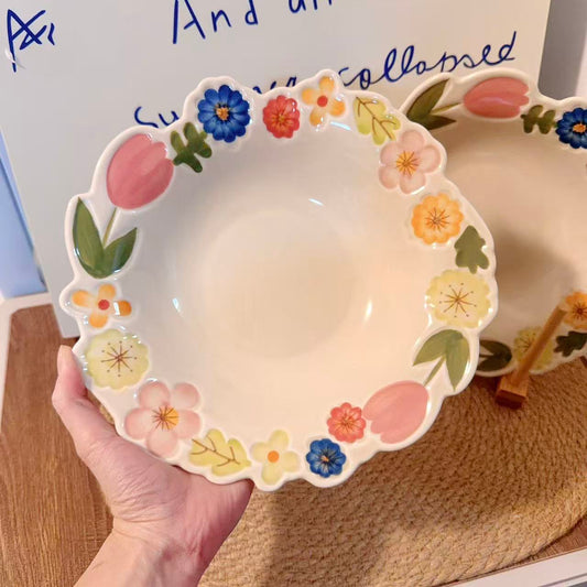 Hand-Painted Vintage Floral Ceramic Deep Plate, 9.3-Inch